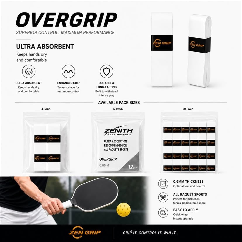 Zen Grip overgrip features: ultra absorbent, enhanced grip, durable and long-lasting